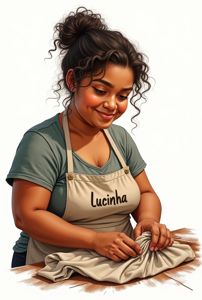 Drawing of a chubby Brazilian woman with curly hair tied back in black, brown skin color, sewing with a white background and an apron with the name Lucinha