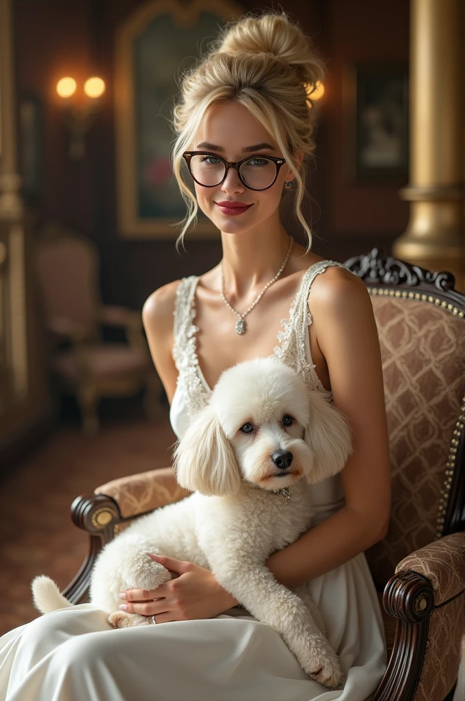 Blonde woman in long dress and cat-eye glasses holding a white poodle on her lap