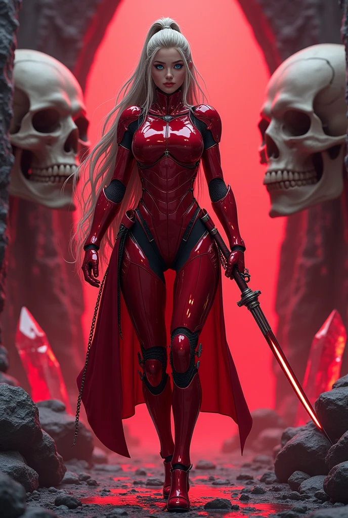 {Anime style}, (La Best Quality,A high resolution,Ultra - detailed,actual),Ariana Grande in ninja robo armor stands.,(red body:1.1),(Equipped with saber and chain.:1.4 ),(A detailed face:1.4),(Detailed weapons:1.3), (The background is a crimson flame..:1.5),More detailed 8K.unreal engine:1.4,High Definition,La Best Quality:1.4, photorealistic:1.4, skin texture:1.4, masterpiece:1.8,masterpiece, Best Quality,object object], (detailed facial features:1.3),(The correct proportions),(Beautiful blue eyes:1.4 ),  (cowboy pose), ,( cyberpunk 2.1), (cave background big stones black:1.4) (detailed cyborg fingers ), (half body pose),( Ciborg Ninja :1.4), (big red long chains back:1.4), (perfect face :1.4), (long bottom chains:1.4), (large stones in the background :1.4), (large skeletal skulls :1.4),( bright colors), (giant red quartz crystals background :1.4) 