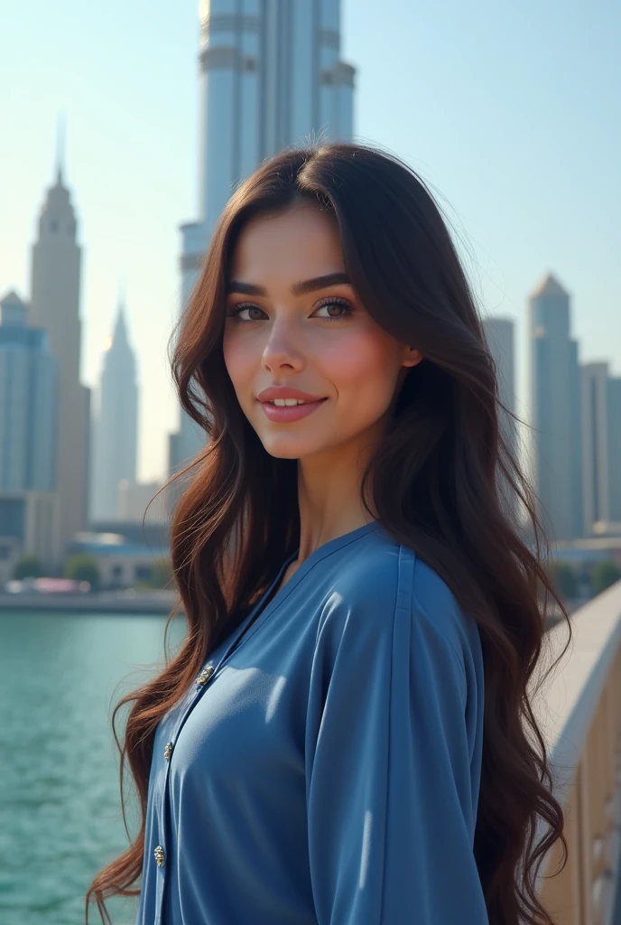 a wanna a realistic picture of human girl who is exact replica of ayeza khan having dimples and fair skin wearing eastern shalwar kamees of blue color dress standing on bridge from which clearly seen burjh khalifa full view