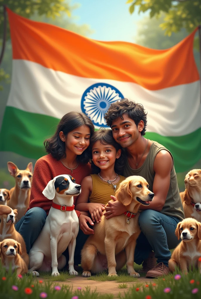 India map in tri colour ,map has face and crying and protecting baby girl. Baby girl clothes are teared. Two mens standing with dog  face and barking