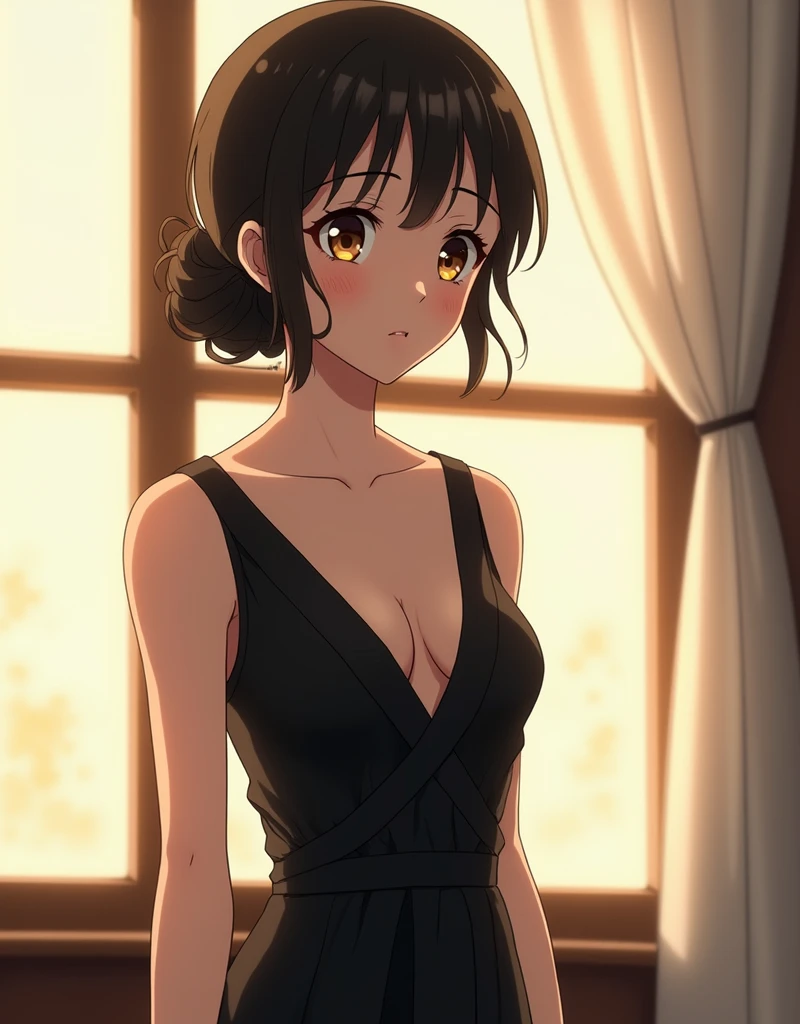 Viral anime wallpaper of a fair-skinned elegant woman with dark hair and brown eyes is captured in a black dress, in 4K quality, in the style of digital illustration inspired by Hayao Miyazaki, standing in front of a window. the dress, a deep v-neck, is cinched at the waist with a strap that crosses over the shoulders. the woman's gaze is directed towards the right side of the frame, while her left hand is casually placed on her hip. the backdrop features a window, with a white curtain hanging in the upper right corner. the lighting in the scene is natural, with the sun casting its rays on the woman's face and shoulders.
