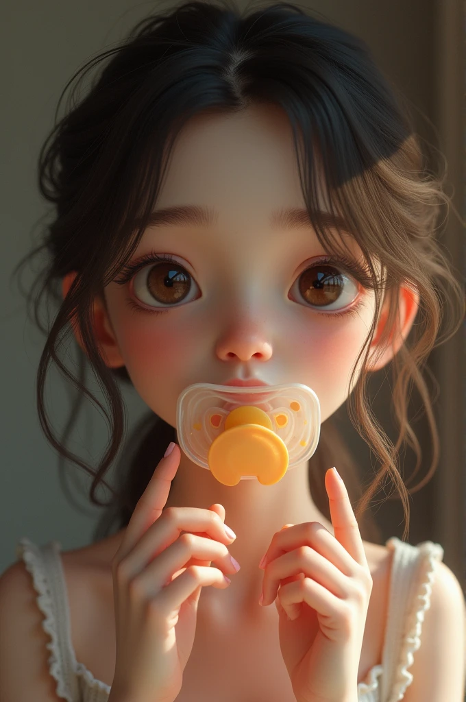 Woman sucking on a pacifier