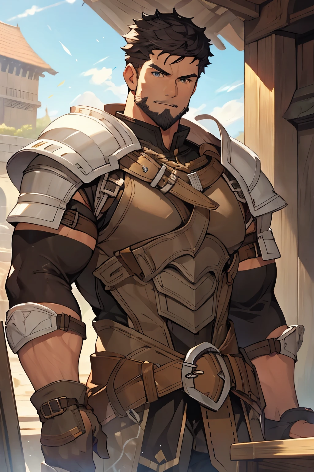 Masterpiece, Best Quality, Ultra-Detailed, 1man, male, manly male, alpha male, old mature muscular male, black hair, very short hair, black beard, green eyes, bright eyes, very beautiful and detailed eyes, very detailed eyes, 36 years old, bara, muscular male, tall, large shoulders, large chest, huge arms, (large waist:1.0), ((thick neck:1.0)) athlete, bare biceps, large waist, medieval armor, light armor, black armor, Mystical armor, (sleeveless armor:1.0), Golden details on the armor, gray details on the armor, elsword style armor, granblue fantasy style armor, black cloak, cloak over the shoulders, ((arms exposed:1.0)), Neutral face, cowboy shot, high resolution:1.2, best quality, master part, daylight, Reflection of lens, upper body shot, looking front.