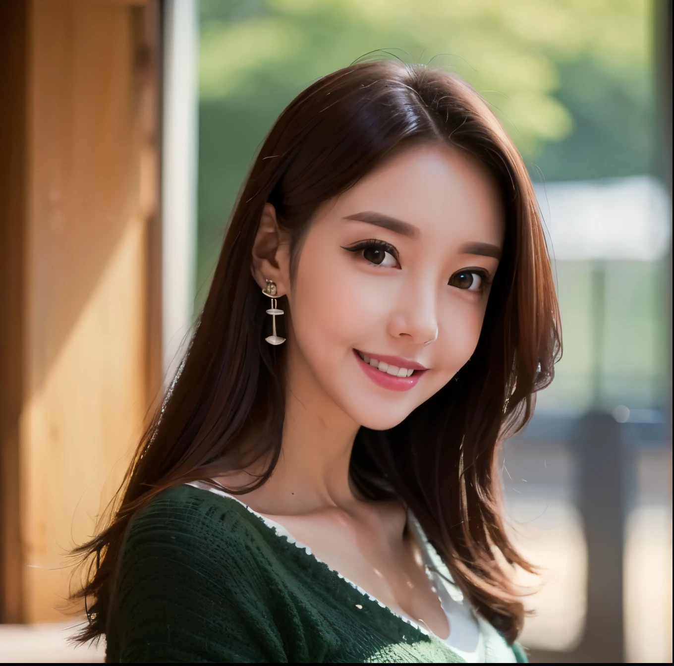 A close-up of a cute woman with a warm and inviting expression, leaning slightly forward with her arms open wide as if she is asking for a hug. Her face should be full of affection and kindness, with a soft smile and gentle eyes. The background should be softly blurred to keep the focus on her face and outstretched arms. The overall atmosphere should be intimate and comforting, creating a sense of being warmly welcomed."Additional Parameters:Style: Realistic, soft focusLighting: Gentle, natural lighting that highlights her warm expressionColors: Soft, natural tonesComposition: Close-up on the woman’s face and upper body, with arms reaching out towards the viewerEnvironment: Background softly blurred, with the primary focus on the woman's warm and inviting expression