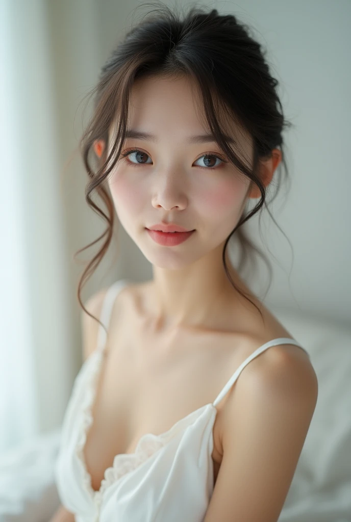 Beautiful and fair、Glowing Skin, Full body images, Height: 145cm, Slender body, bright, Refreshing and gentle look, Perfect beautiful face、short hair, Beautiful shiny bangs, so perfect and beautiful、small, Transparency, Blue Eyes, Very flat and small chest, The original skin is visible through the grooves, Navel shows through, White ultra high cut high leg swimsuit, depth of field, UHD, masterpiece, anatomically correct, textured skin