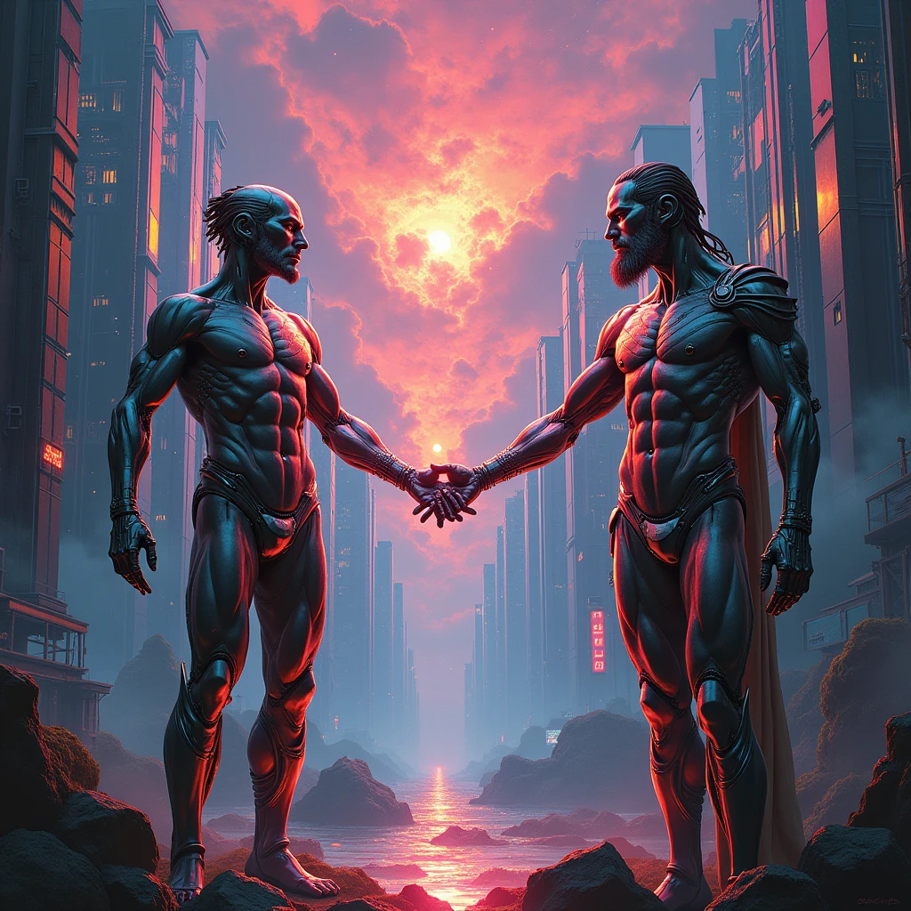 recreate the picture, Creation of Adam, Michelangelo Buonarroti, Cyberpunk style, Colorful