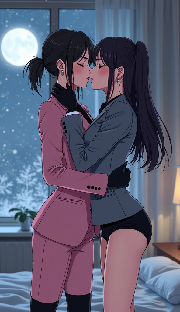 Two girls, long black hairs, yuri,
The first girl wear a pink suit, black shirt, pink pencil skirt, black underpants, black tights, black gloves, white socks.
The second girl wore a grey suit, black shirt, grey pencil skirt, black underpants, black tights, black gloves, white socks.
french kiss, lesbian kiss hugging, sensual body, closed eyes, insert fingers into black underpants, bedroom, snowing, grey blue sky, moon, cartoon novel, 4K, HD