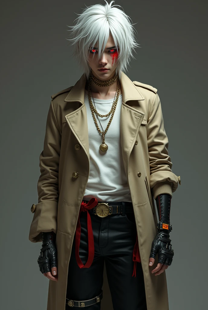 Young man with fair skin and short hair. His left arm and right leg were removed and replaced with a black mechanical prosthesis with intricate lines and lines on the prosthesis, which looked very cool. His eyes are holographic displays, And his costume style is very unique, wearing a black leather jacket and black leather boots with various embellishments and logos on them. It has many hidden bags and pockets on its leather coat, A small camera and a voice recorder on your wrist, A pair of black headphones, connected to his ears, The exterior design is very cool and futuristic, Perfectly embodying cyberpunk style, and both arms are tattooed in Japanese style, Drawn in black ink, containing various traditional Japanese motifs, For example, Dragons, Flowers, birds and so on.