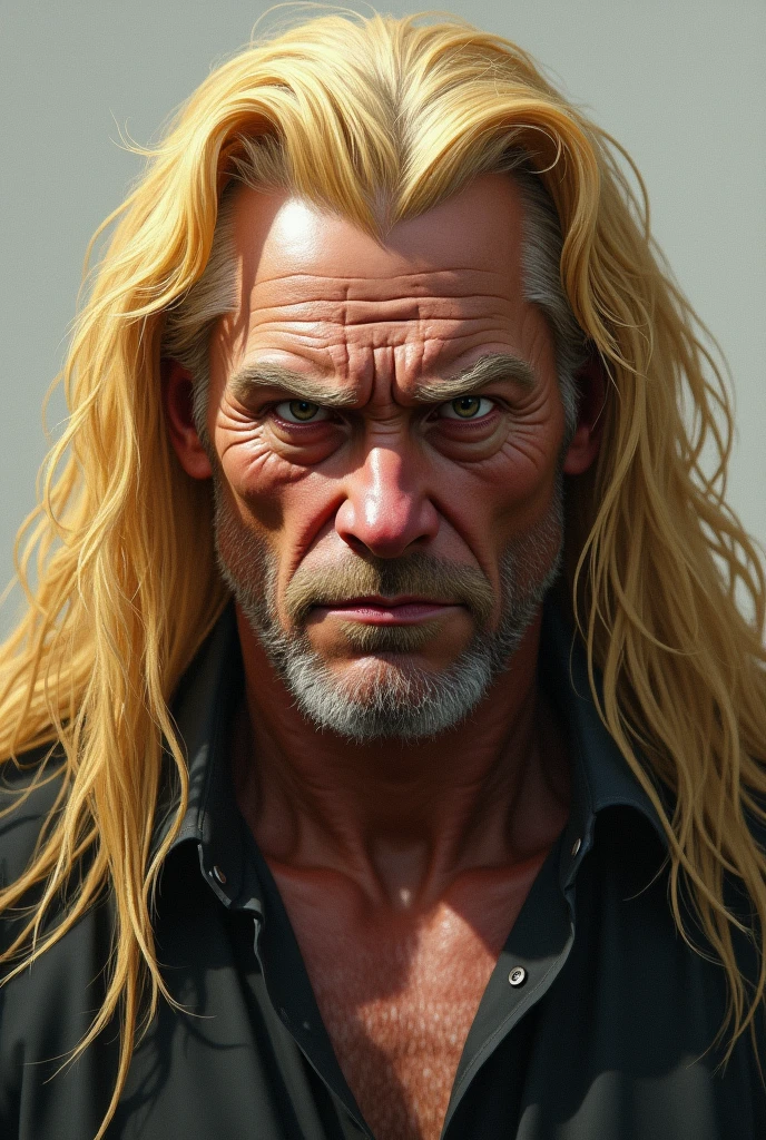 Very masculine and ugly man with long, blond hair, Just show her head and make her blonde very blonde and very long
