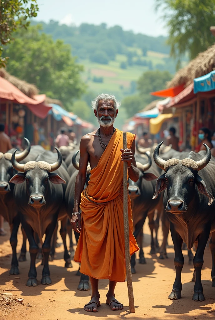Create an image of a man selling buffalos in bellari tamilnadu