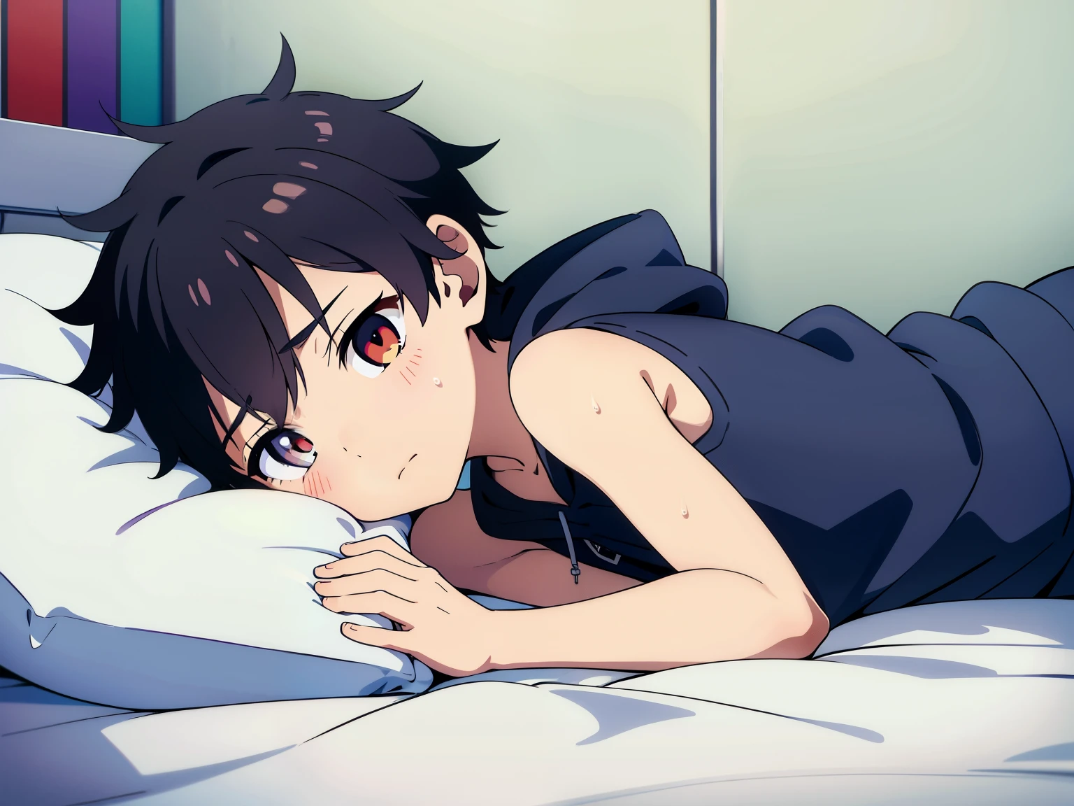 Highres, Masterpiece, Best quality at best,Best Quality,hight quality, hight detailed, Anime style, 1boy, Shota, young boy, Solo, -old boy,ds, Body,rt body, Lying in bed, (Sleeveless hoodie, Bare shoulder), sweat, young boy, Seen from side, Lying on the bed, Hands forward, (very young boy), (very small and short body), Picture taken from side