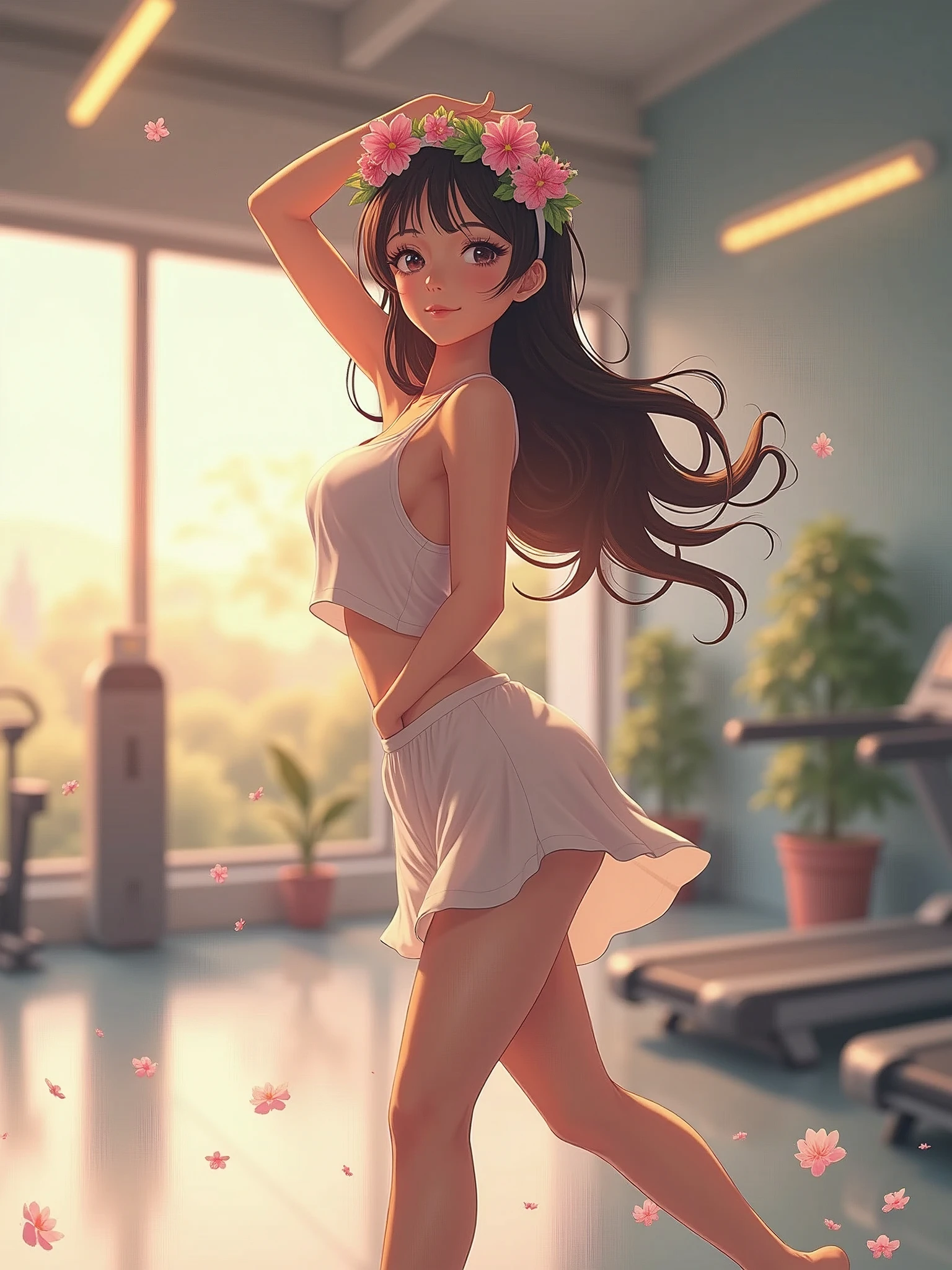 A pretty girl, 1 girl, doing aerobic exercises, in a morden exercise room,  wearing beautiful casual clothes, curve body, pretty eyes, niji anime version, fantasy, pretty face, long hair, flowers headband, highest quality, 8k,