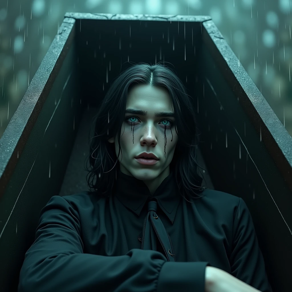 A sexy young male with black long hair, teal blue eyes with gothic clothing. He is slowly getting out of in his coffin.(((Gloomy atmosphere))) ((gloomy))) (((unhappy))) (((despair))) Surreal, Insanely detailed, Detailed face, extremely detailed texture, Ultra Detail, Detailed face. Exquisite details and textures, no facial or body hair. ((Depressed)) ((smooky)) (((heavy rain)) ((rainy)))) (((cold)))