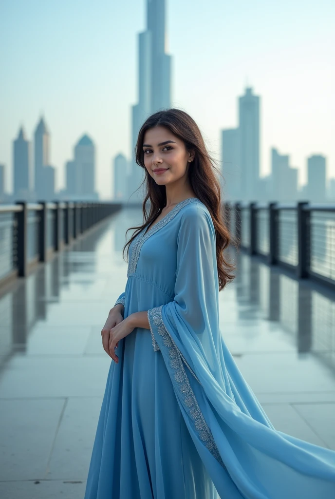 a wanna a realistic picture of human girl who is exact replica of ayeza khan having dimples and fair skin wearing eastern shalwar kamees of blue color dress standing on bridge from which clearly seen burjh khalifa full view she is far away from camera