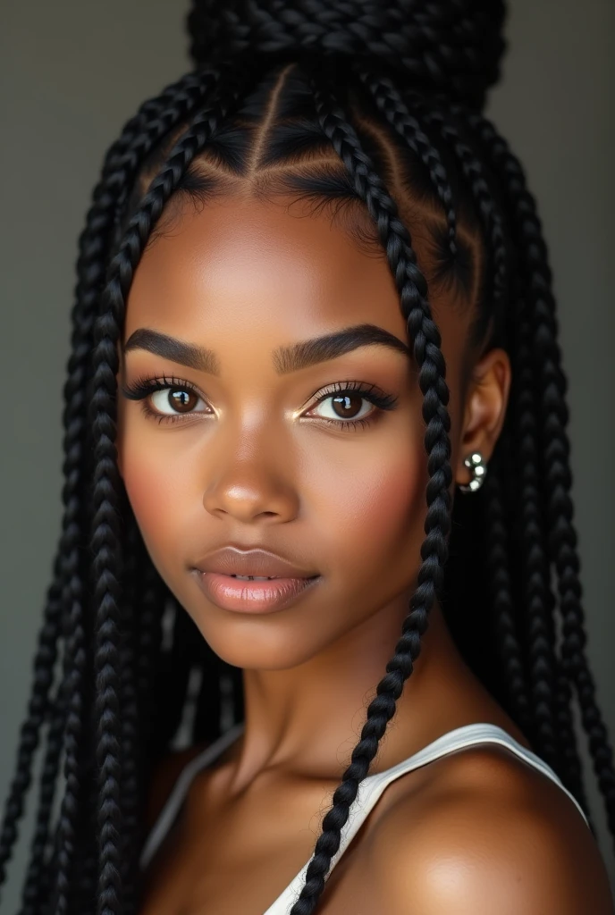 chat, woman, 24 years, lightskin, brown eyes, square face, hair braided in box braids style, septum piercing, hair