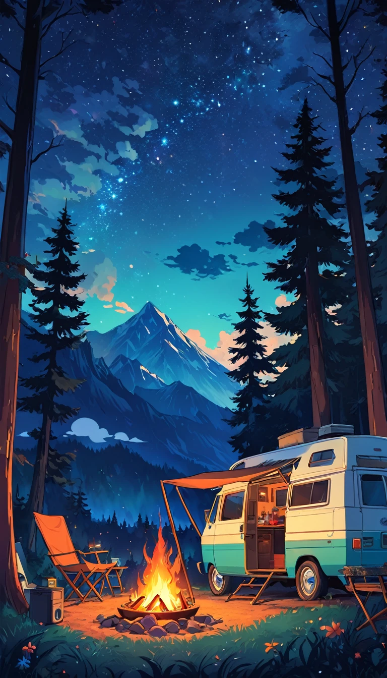 Draw a lofi anime poster style scene of van in the forest, fairy decoration, camp fire, BBQ, starry night, moutain background , forest, natta, beautiful color palette, vibrant saturated colors, work of art, cinematic cloudy sky, no human, dark blue theme