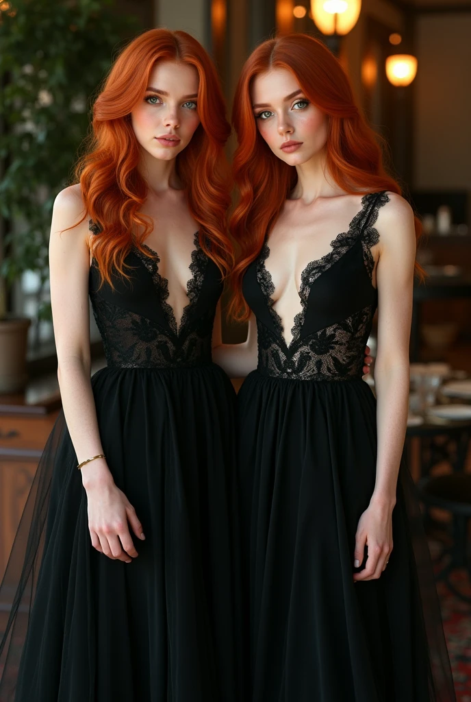 22-year-old red-haired green-eyed twins in full-length black party dresses, would you be interested?