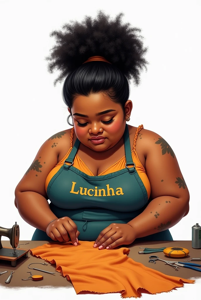 Drawing of a chubby Brazilian woman with curly hair tied back in black Chubby and round face with black spots Brown skin color Sewing with a white background and an apron with the name Lucinha