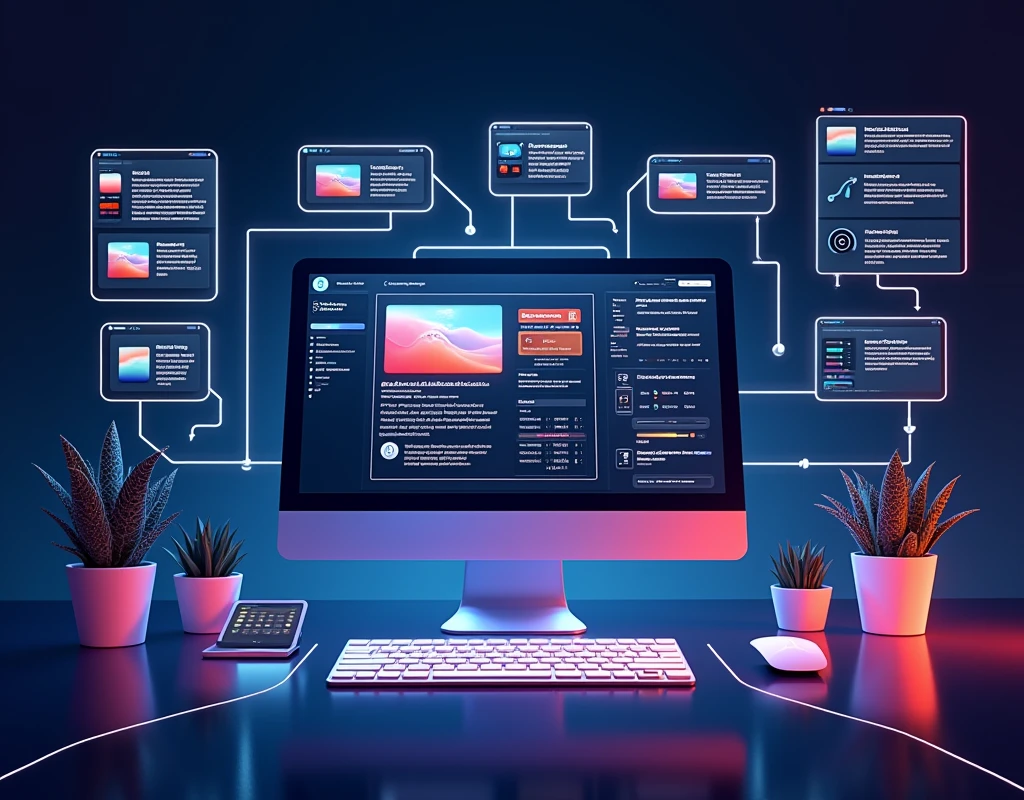 Develop an image that illustrates the concept of creating interactive and personalized content using prompt engineering. The scene should highlight the synergy between advanced technology and the adaptation of content to meet specific user needs and preferences..

Main Elements:

    Content Development Environment:
        Digital Tools Interface: Show a digital environment with a content creation interface. A computer or device screen should feature a control panel with options to adjust and customize content, including configuration menus, sliders and examples of different content types, like videos, quizzes and interactive articles.
        Real-Time Personalization: Display the interface dynamically adjusting based on user choices, demonstrating how content changes as preferences are selected.
