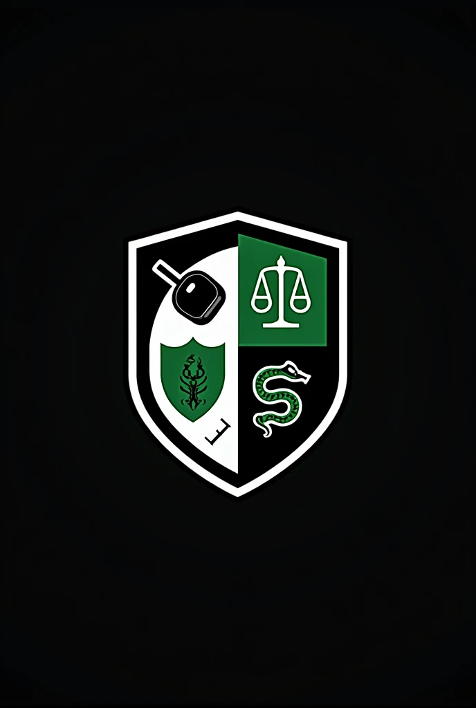 logo shield 2d for black and white team with green details, with a saucepan, cobra and a scale