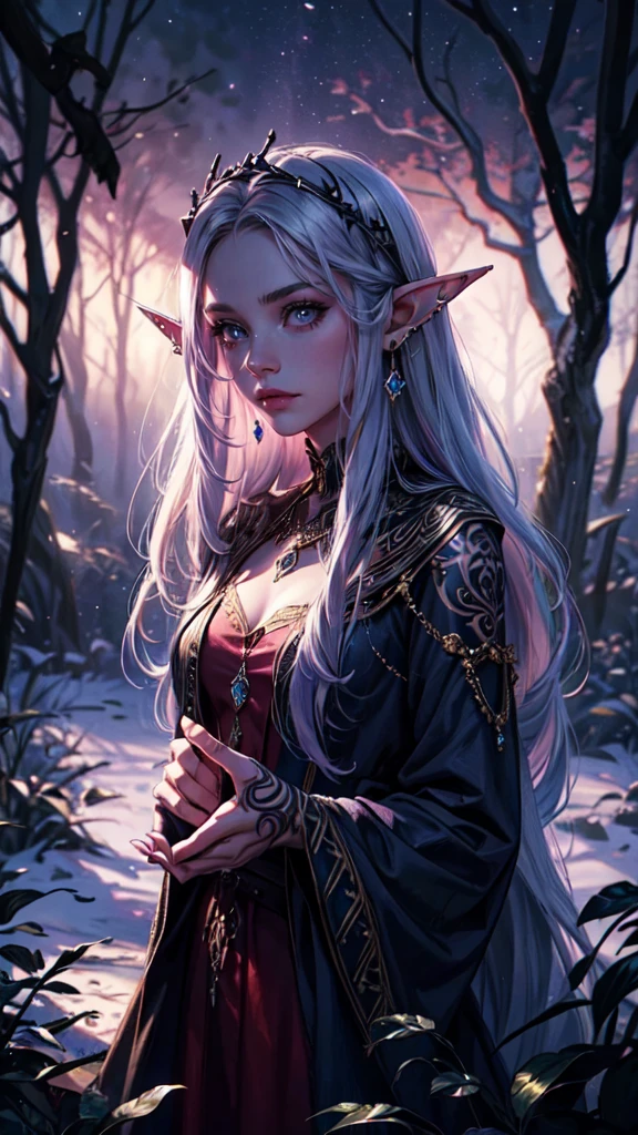 1girl, beautiful shenightborne, dark purple-blue skin, tattoo, facepaint, long white hair, jewels, elf ears, earrings, piercing, red dress, forest, tree, night, dark atmosphere, athletic, volumetric lighting, best quality, masterpiece, realistic, Anatomically correct, master piece, best quality, portrait,detailed eyes, detailed hands, detailed face, drops of water, drops, full body, elf woman