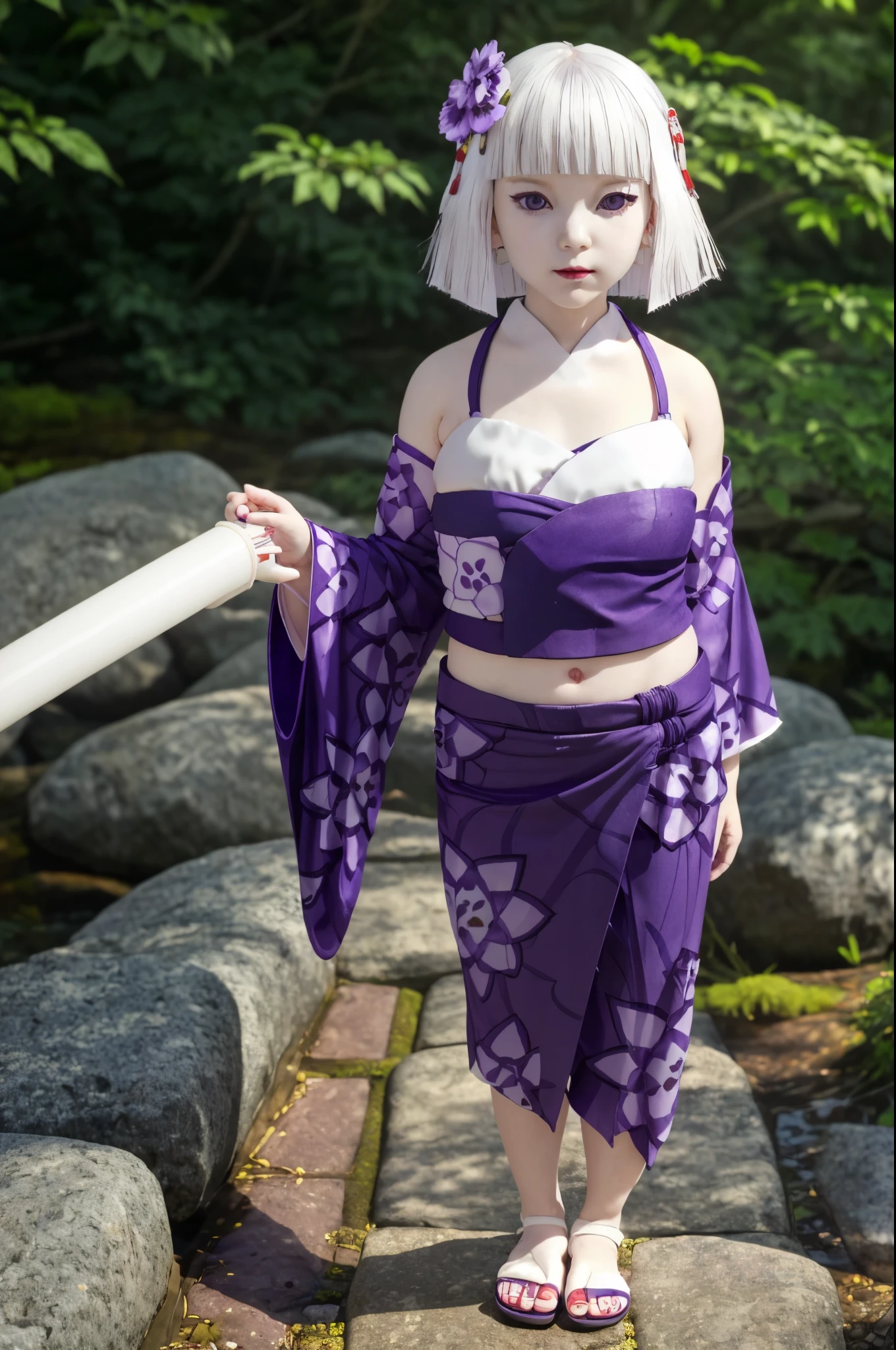 outdoor,forest,high quality,Masterpeace,Ubuyashiki_Family, (1girl, solo), (8 years old:1.2), flat chest, short hair, hair ornament, flower, white hair, japanese clothes, blunt bangs, makeup, (skimpy clothes, thin tube top, pale skin:1.4), floral print sleeves, bob cut, lipstick, red lips, print kimono, ringed eyes, purple kimono, purple eyes, sandals
