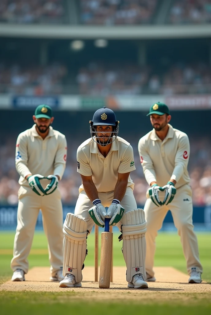 Three wicket keeper behind the batsman in cricket match