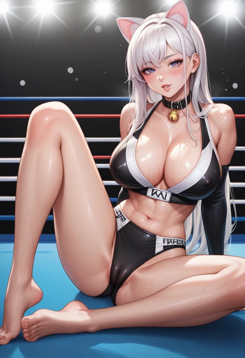 korean beautifull girl,18 years old,Pretty Face,Slim figure,detailed picture, Seductive expression, blush,White long hair, He was only wearing boxing robes.,Soaked,Wear black pantyhose,No shoes, Wearing black fingerless boxing gloves,Black sleeves on arms, Sit in the boxing ring and stretch one foot forward,Large Breasts,Cleavage,Long legs,Thin waist,nipple,Camel toe,Collar,Cat ear