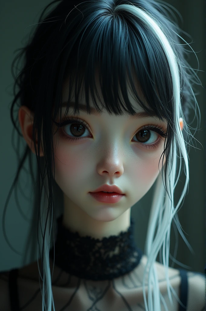 A dark haired girl with white streaks in the back, dark eyes also with large eyelashes highlighting them, very clear skin as if it were angelic, features on her face were beautiful, her mouth had a unique and perfect shape, her nose was as if it had been molded especially for her