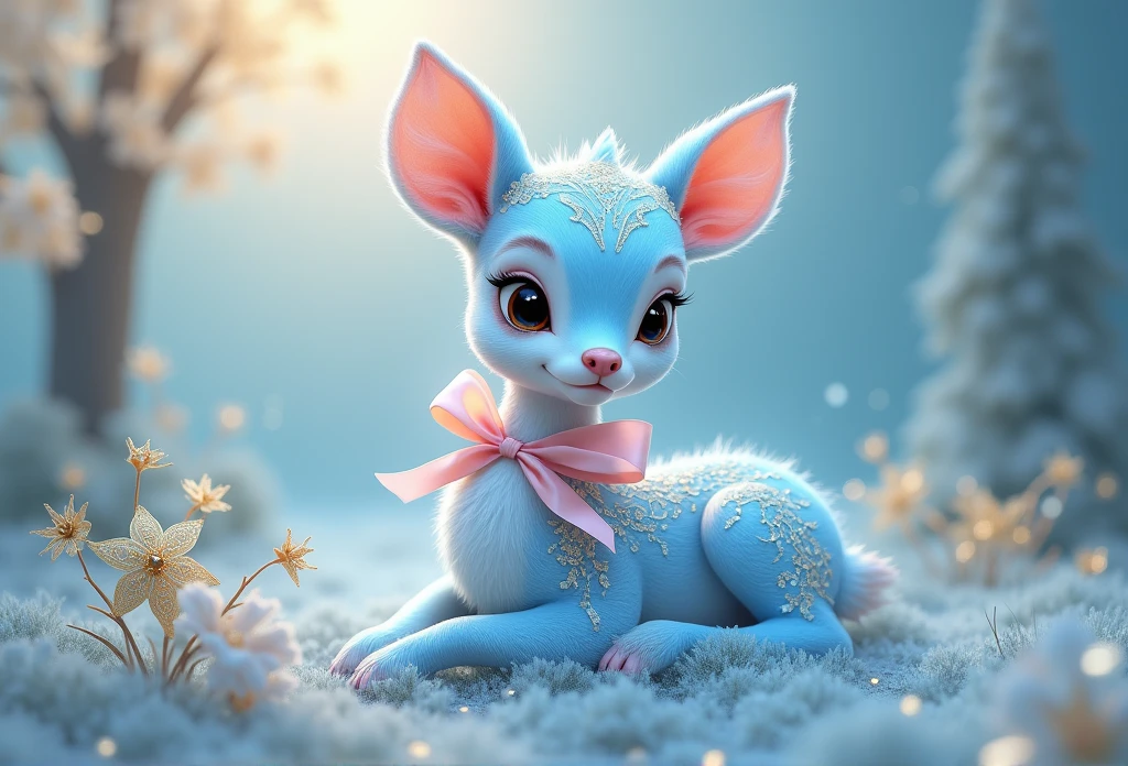 Masterpiece, best quality, 8k, high detail, hyper-detail, a cute fawn, light blue with holographic ornate designs, light blue and gold tetradic colors, approaching perfection, ribbon pink