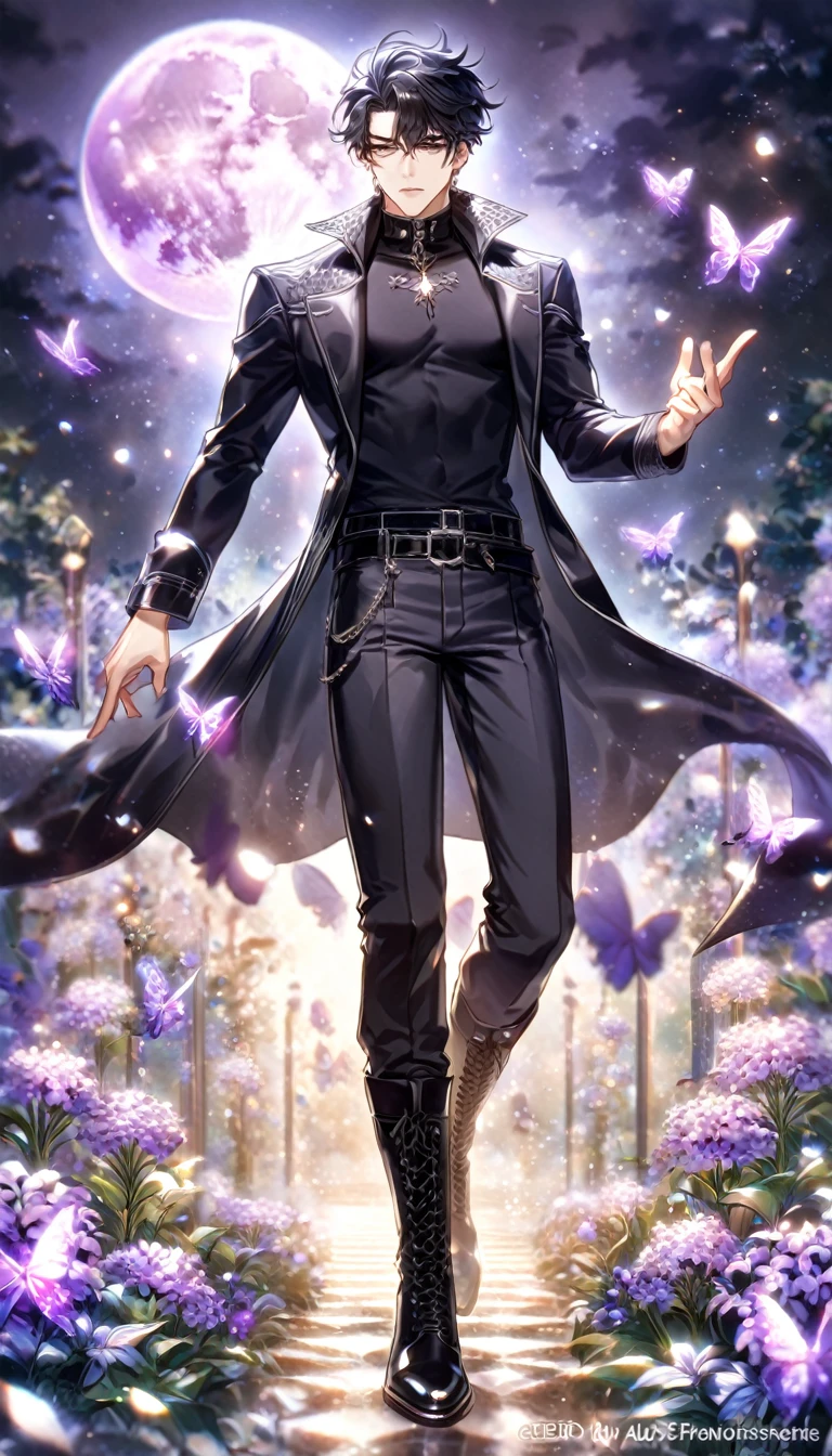 (absurdres, highres, ultra detailed, HDR) master piece, best quality, extremely detailed, delicated features, Yoo Joonghyuk, black hair, expressive gray eyes, Omniscient Reader's Viewpoint, solo, sexy man, handsome, sensual, black coat, black tight turtleneck shirt, black belts, black fitting pants, black boots, fantasy, magical, glittering, shining, purple flames, purple moon, purple flowers, purple butterflies, garden