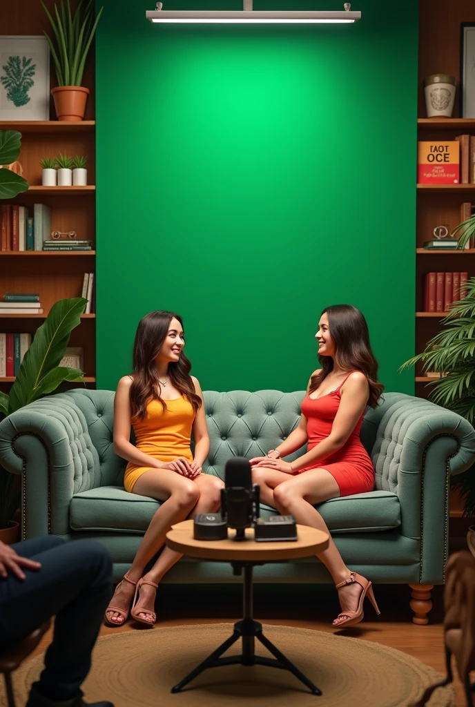 Podcasts studio with green background,sofa, table, camera, microphone,led lights two girls with short dress on the sofa ,a camera man , lightning setup ,book shelf on background,wall art