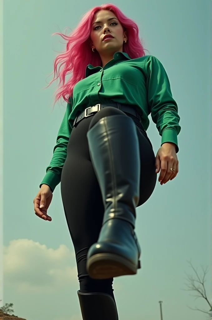 a pretty woman, 36 years old, pink hair, pretty face, Green Shirt, black tights, black riding boots, giantess, POV shot, lifts her right foot, Boot sole, FULL BODY shot