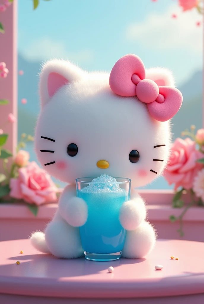 Hello Kitty having a frosted blue drink