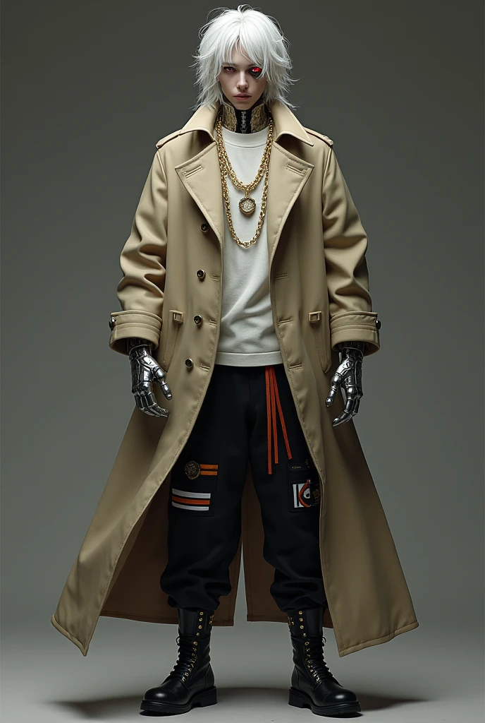 Create an image of a young man with white hair, a bit long and messy, the left eye closed with a cut scar and the right one red, wearing a beige overcoat, wearing a gold chain necklace with a watch at the end and a basic white shirt, metal arms, black pants with a red ribbon on the waist and a white stripe on the left thigh and a black boot with orange details