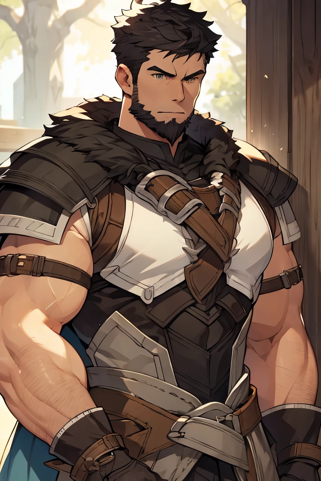 Masterpiece, Best Quality, Ultra-Detailed, 1man, male, manly male, alpha male, old mature muscular male, black hair, very short hair, black beard, green eyes, bright eyes, very beautiful and detailed eyes, very detailed eyes, 36 years old, bara, muscular male, tall, large shoulders, large chest, huge arms, (large waist:1.0), ((thick neck:1.0)) athlete, bare biceps, large waist, medieval armor, light armor, black armor, Mystical armor, (sleeveless armor:1.0), Golden details on the armor, gray details on the armor, elsword style armor, granblue fantasy style armor, black cloak, cloak over the shoulders, ((arms exposed:1.0)), Neutral face, cowboy shot, high resolution:1.2, best quality, master part, daylight, Reflection of lens, upper body shot, looking front.