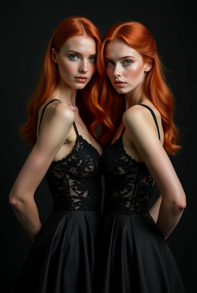22-year-old red-haired green-eyed twins in full-length black party dresses, would you be interested?