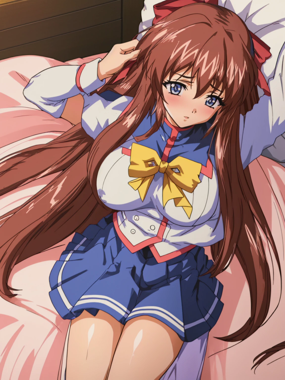 (Anime artwork, Anime Style, Studio Anime, Very detailed, up to date, Vibrant, Anime Coloring Book, High Contrast, masterpiece:1.2, Highest quality, Best aesthetics), (Beautiful and detailed:1.2),Aoikan, 1 person, Hair Ribbon, school uniform, Long sleeve, bow tie, Blue Skirt,Big Breasts、Nipples、 blush, Lips parted, liar, On the bed,lie, ((A man rubs his chest from behind)),Pink Good, From above, Skirt Lift, No pants, No underwear, Embarrassing, White knee socks,Asymmetrical bangs, Perfect Proportions, Skin with attention to detail, cute, Detailed face,