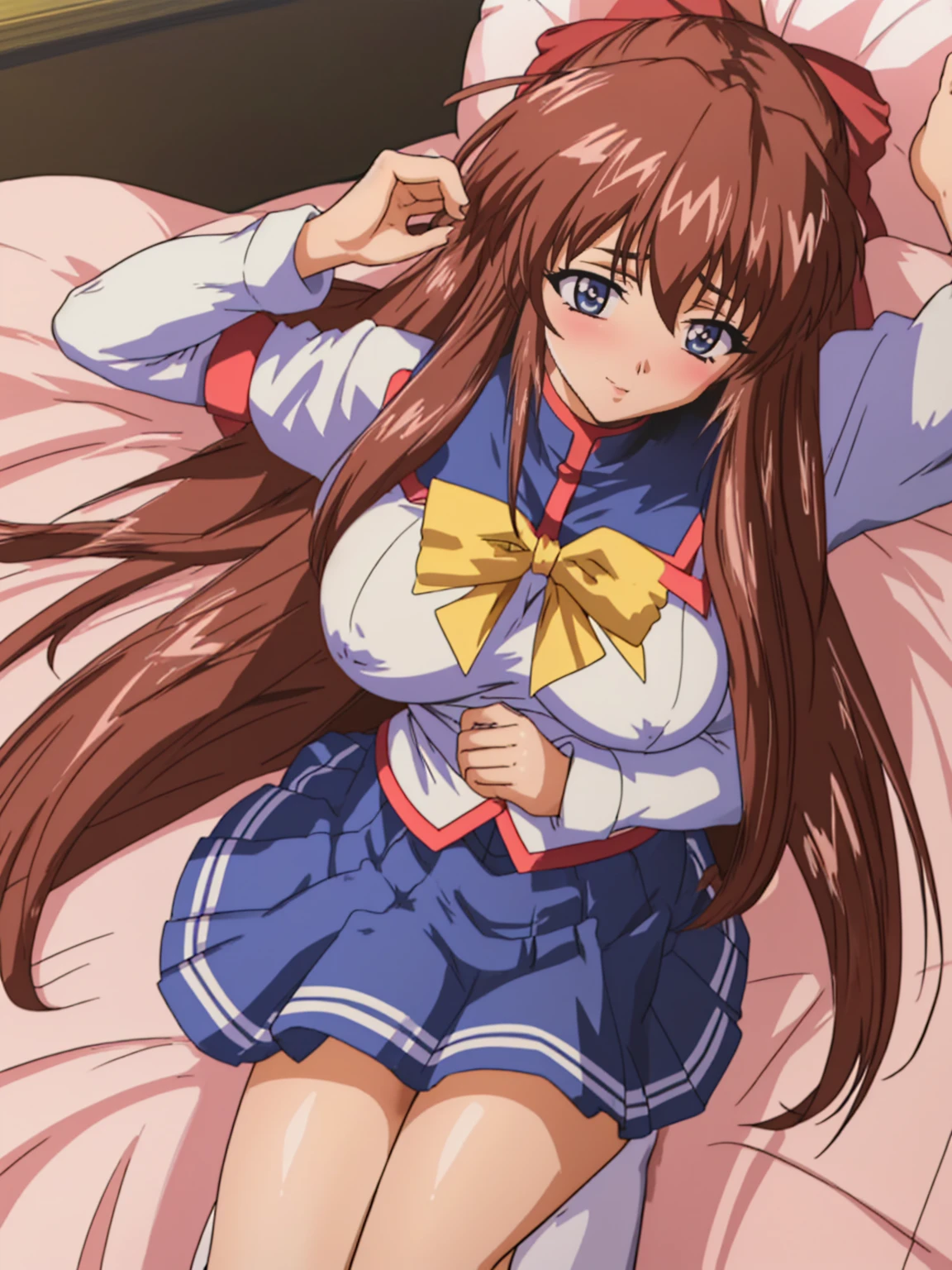 (Anime artwork, Anime Style, Studio Anime, Very detailed, up to date, Vibrant, Anime Coloring Book, High Contrast, masterpiece:1.2, Highest quality, Best aesthetics), (Beautiful and detailed:1.2),Aoikan, 1 person, Hair Ribbon, school uniform, Long sleeve, bow tie, Blue Skirt,Big Breasts、Nipples、 blush, Lips parted, liar, On the bed,lie, ((A man rubs his chest from behind)),Pink Good, From above, Skirt Lift, No pants, No underwear, Embarrassing, White knee socks,Asymmetrical bangs, Perfect Proportions, Skin with attention to detail, cute, Detailed face,