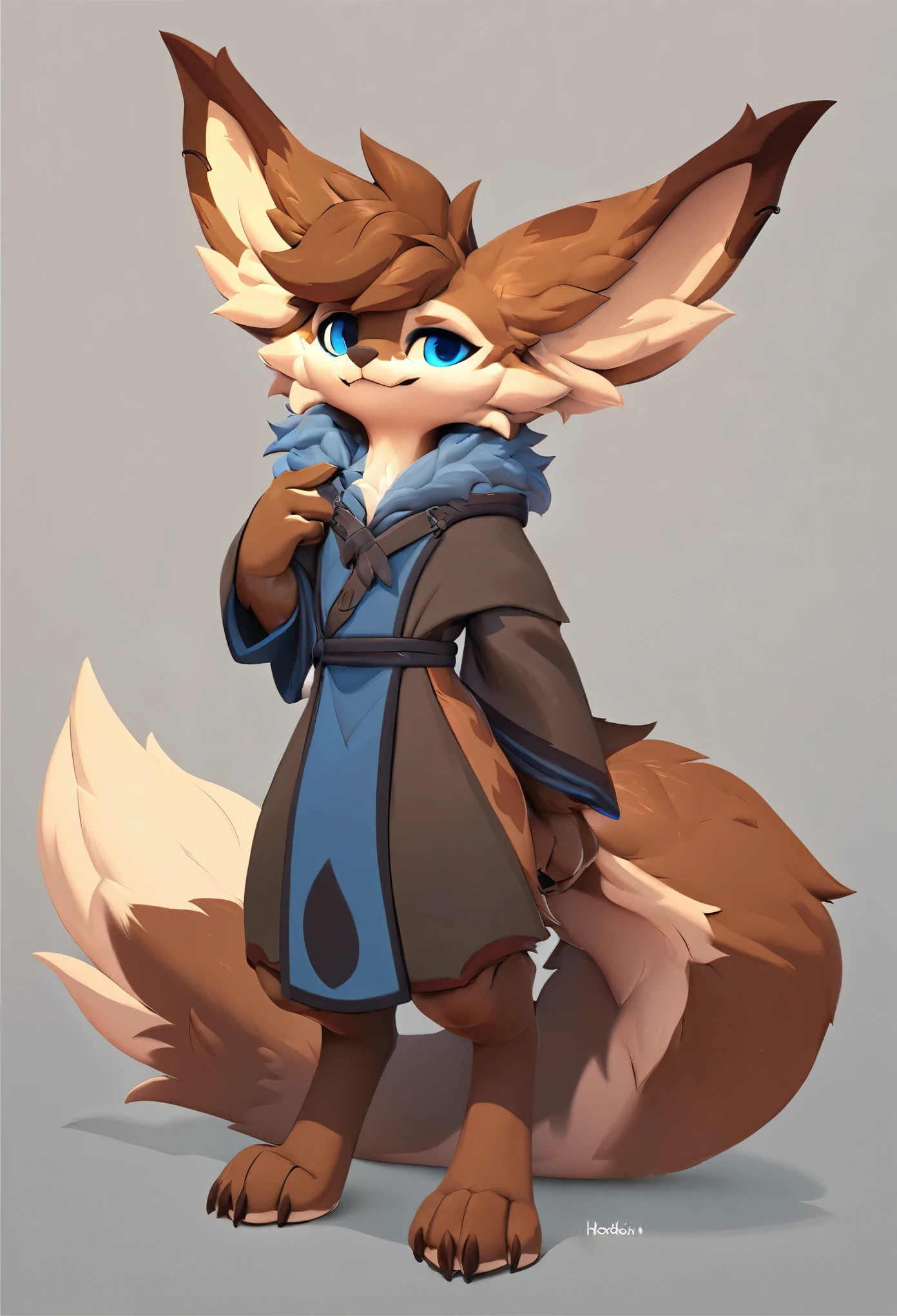 (top quality, best quality, High-quality illustrations, masterpiece) (hobkin, furry, anthro), male, full body concept, huge tail, fluffy fur, blue eyes, robe clothing