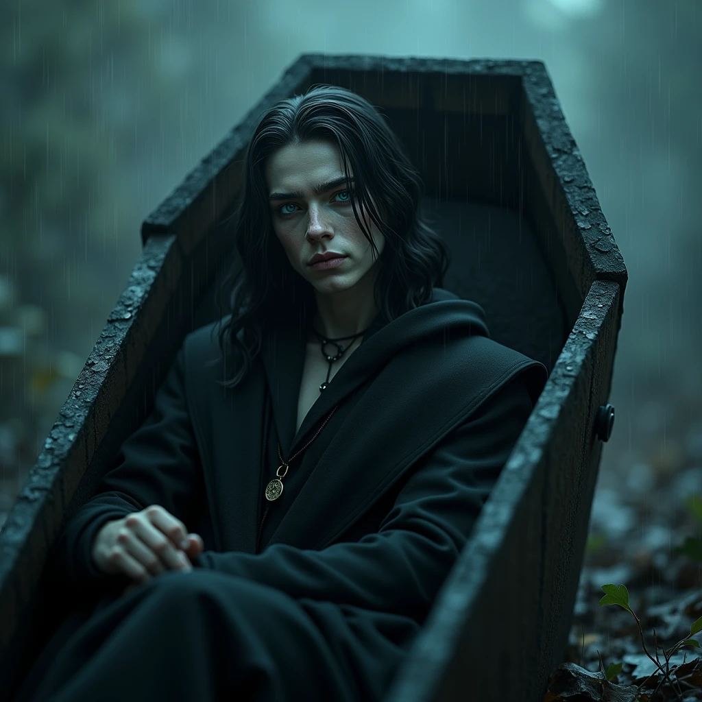 A sexy young male with black long hair, teal blue eyes with gothic clothing. He is slowly getting out of in his coffin.(((Gloomy atmosphere))) ((gloomy))) (((unhappy))) (((despair))) Surreal, Insanely detailed, Detailed face, extremely detailed texture, Ultra Detail, Detailed face. Exquisite details and textures, no facial or body hair. ((Depressed)) ((smooky)) (((heavy rain)) ((rainy)))) (((cold)))