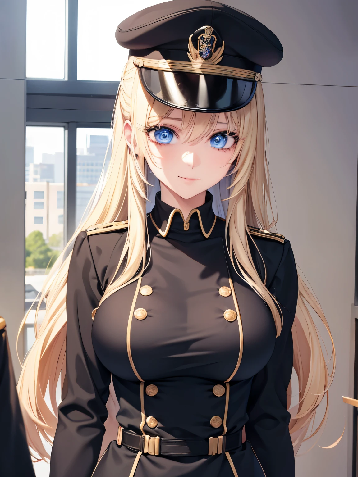 1 woman,Walking in the central building,blue eyes, looking away,slight smile,Beautiful makeup, long eyelashes,early in the morning,stunning,half body photo, very detailed face,cute,,HD face, perfect face,Black army uniform, black army hat,,very big breasts,Blonde hair,blonde hair,blonde,bangs,long hair, straight hair,ultra detail,ultra Hd, masterpiece,4k