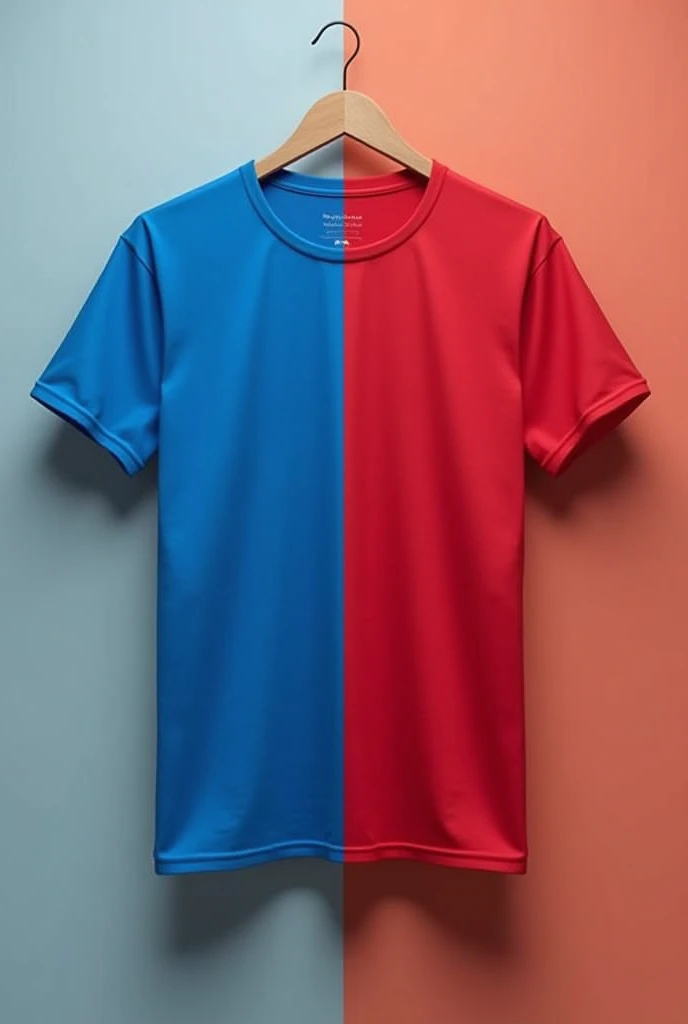 On the back of a plain t-shirt, blue on the left side and red on the right, completely plain