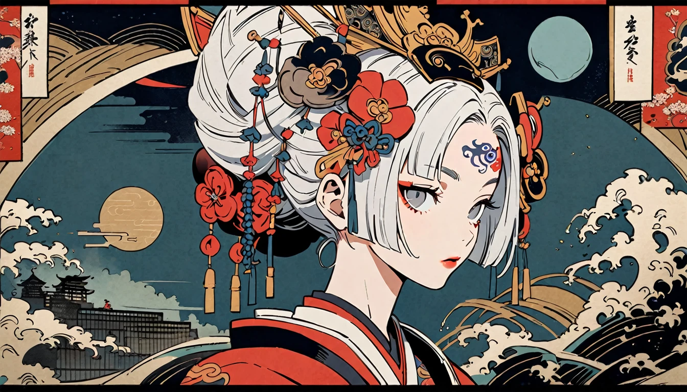 Ink painting, (((1 Ninja Girl))), (((Tattoo in the middle of the forehead))),(((In the background is the Akatsuki moon))), (((Oiran))), (((Great hair accessories))), Japanese style headphones, Demon possession, (((Grey eyes with engraving inside))),Face up close, Japanese beauty, White hair, Sensitive and precise, Modern Ukiyo-e style, Highest quality, katsushika hokusai, (((Elements of horror))), beautiful girl, Sensitive and precise, Modern Ukiyo-e style, Cyberpunk city,