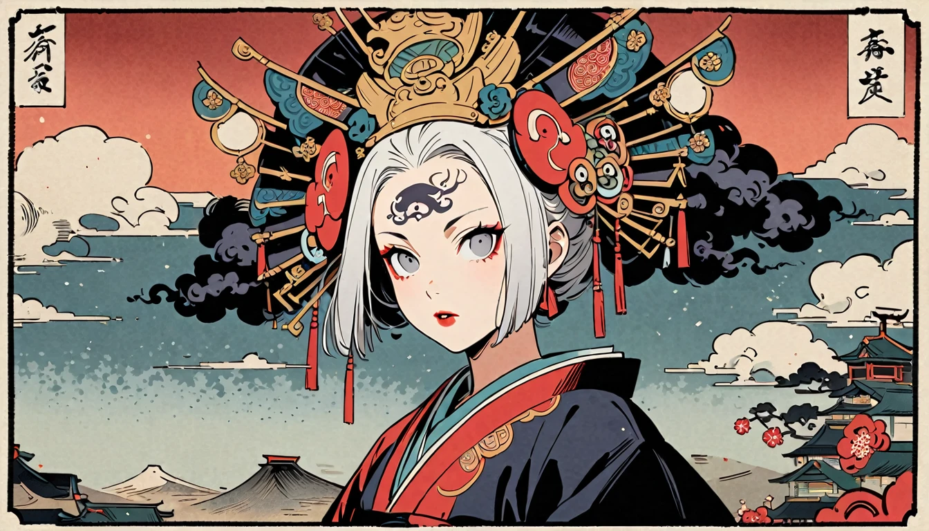 Ink painting, (((1 Ninja Girl))), (((Tattoo in the middle of the forehead))),(((In the background is the Akatsuki moon))), (((Oiran))), (((Great hair accessories))), Japanese style headphones, Demon possession, (((Grey eyes with engraving inside))),Face up close, Japanese beauty, White hair, Sensitive and precise, Modern Ukiyo-e style, Highest quality, katsushika hokusai, (((Elements of horror))), beautiful girl, Sensitive and precise, Modern Ukiyo-e style, Cyberpunk city,