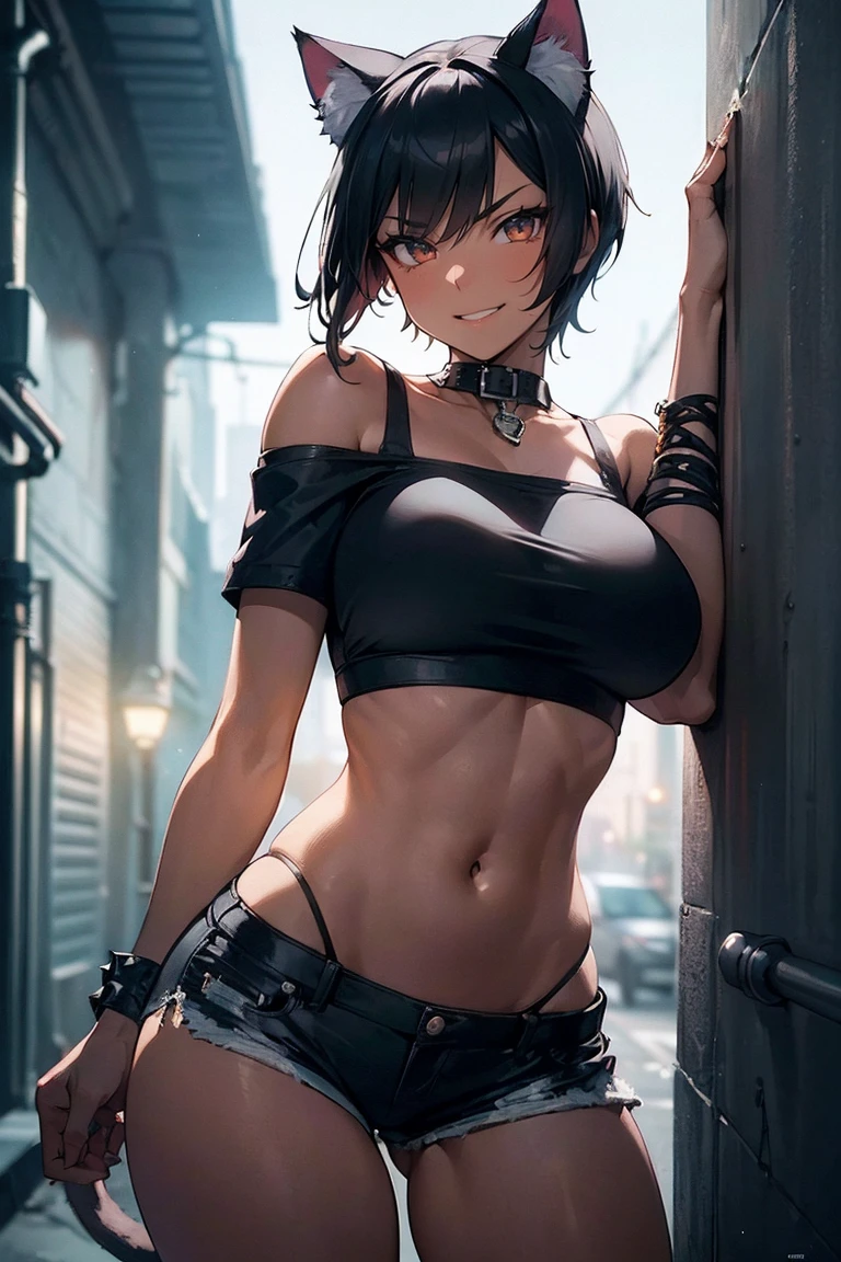 (masterpiece), best quality, highly detailed faces, (SHARP details), 4k, highly detailed, expressive eyes, SHARP detail expressive eyes, (SHARP detail perfect face), ((dark skin)), (cat ears), (cat tail), ((black hair)), amber eyes, ((extremely short sporty hair)), (mature woman), (huge breasts), smiling, toned body, smiling, outdoors, concrete wall with graffitty, concrete walls, neon lights, ((inside narrow and dirty back-alley)), nighttime, cinematic lighting, wearing (punk clothes), midriff, off shoulder, deep cleavage, fishnet, (((prostitution))), offering sex, ((pulling down black hotpants)), (wearing (crop top)), pussy peek, pubic hair, standing, hotpants pull, curvy,