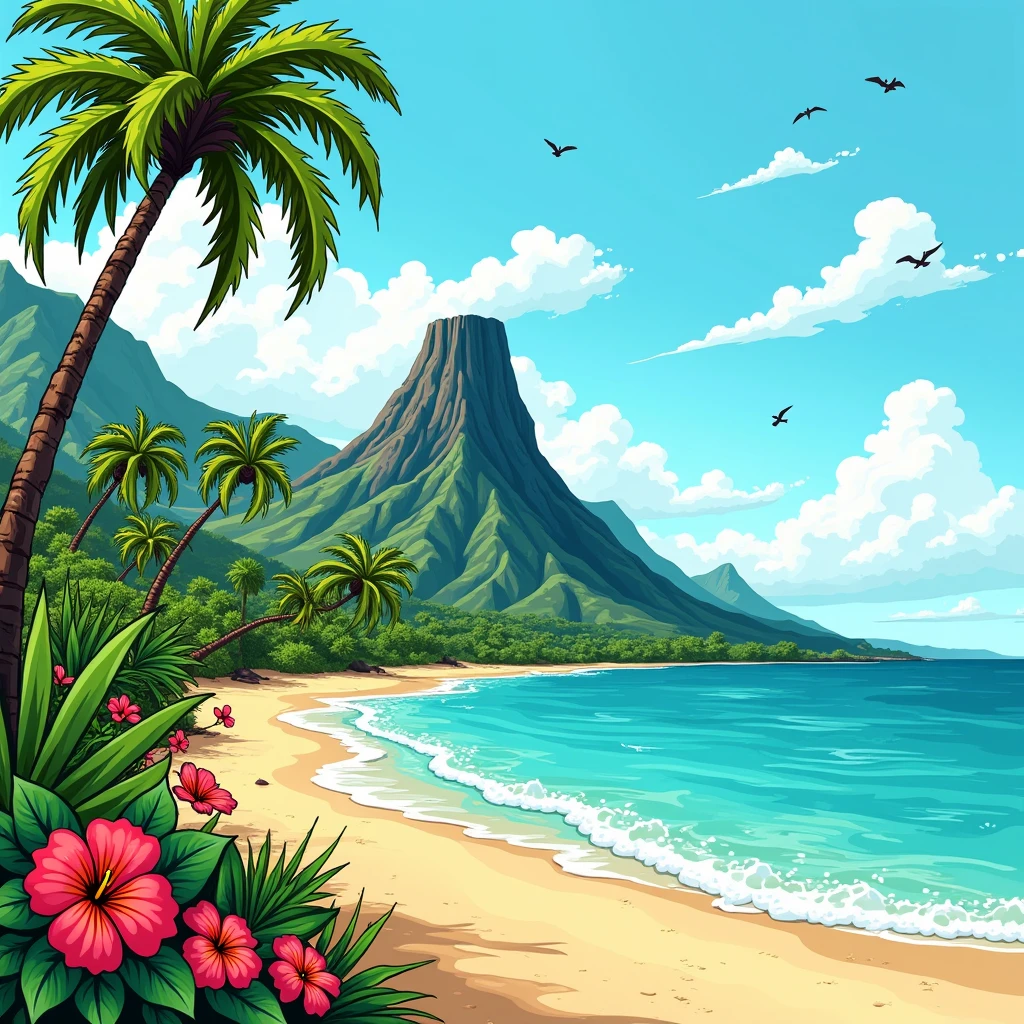 A Hawaiian style t-shirt print, content an inactive volcano in the center of the image, palmtrees, coconut palms, several flowers at the bottom of the image, beautiful and green nature on the left of the image, beach on the right of the image, blue sky, and birds in the sky. Cartoon style hand drawn, high qualiy, image covering the entire screen, APPEARANCE THAT WAS DRAWN WITH PENCIL