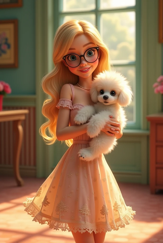Pixar-style blonde woman standing with a long dress and cat-eye glasses holding a white poodle in her arms