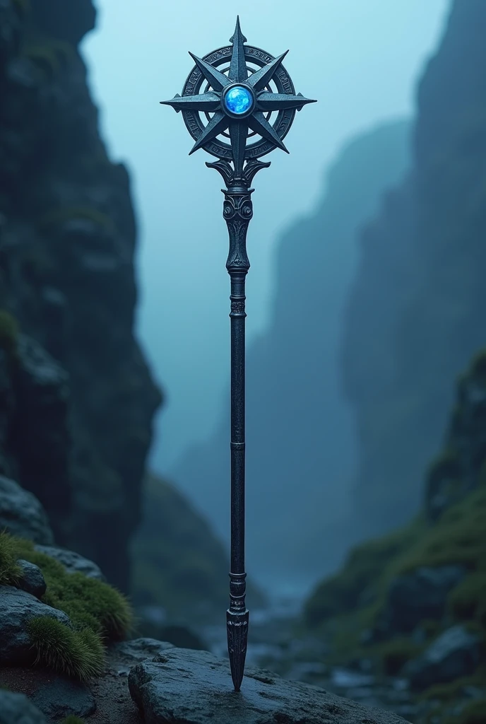 Long magic staff with a Nordic compass theme in the middle, in a more medieval style with a slight blue tone.